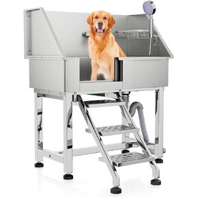 محطة غسيل الكلاب MoNiBloom مقاس 32 بوصة للمنزل، محطة غسيل الكلاب الصغيرة من الفولاذ المقاوم للصدأ مع ملحقات وخطوات كاملة، باب منزلق لحوض استحمام الحيوانات الأليفة بسعة تصل إلى 110 رطل in Kuwait