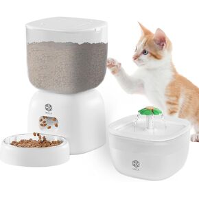 Automatic Cat Feeder and Cat Water Fountain Set with Pet Food Bowl, Wired or Battery Operated, Smart Portion Control Timer, Locking Lid, Voice Recorder, White