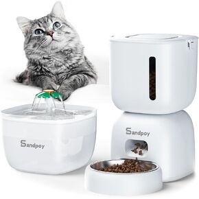Automatic Cat Feeder and Water Dispenser, Cat Food Dispenser with Locking Lid, Two-in-One Set Timed Cat Feeder for Cats and Puppies, Pet Feeder with Portion Control, 4 Daily Meals