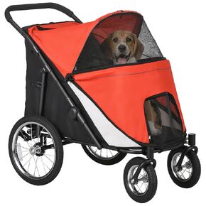 PawHut Pet Stroller for Medium and Large Dogs and Cats, Easy Fold Dog Stroller with Storage Bags, Washable Cushion, Safety Leash for Outdoor Travel, Red
