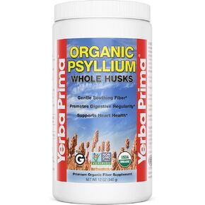 Yerba Prima Organic Psyllium Whole Husks 12 oz - Natural Dietary Fiber Supplement, Non GMO, Gluten Free, Keto and Vegan Friendly for Regularity Support, Unflavored