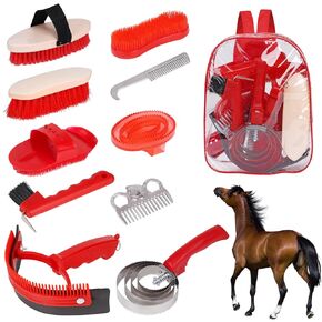 Horse Grooming Kit, Horse Brushes for Grooming 10pcs Horse Cleaning Tool Set with Tote Bag, Sweat Scraper, Curry Comb, Brush, Hoof Pick, Horse Bathing Grooming Supplies Equine Care Supplies