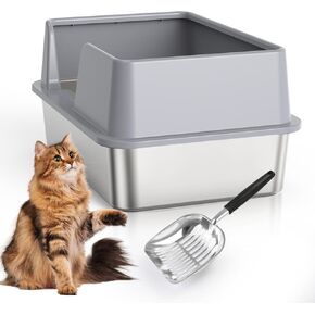 Stainless Steel Cat Litter Box with Lid, Large Litter Box for Big Cats Half-Enclosed Metal Litter Box with Hood and Scoop, Easy to Clean, Non-Sticky, Anti-Leakage (Side-Open)