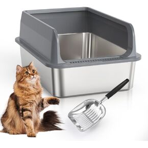 Stainless Steel Cat Litter Box with Lid, Large Litter Box for Big Cats Half-Enclosed Metal Litter Box with Hood and Scoop, Easy to Clean, Non-Sticky, Anti-Leakage - Essential for Pet Home