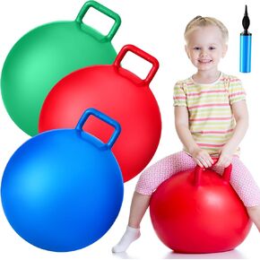 Lewtemi 3 Pcs 22 Inch Bouncing Ball with Handle, Outdoors Hopper Jumping Hopping Ball and Air Pump for Sports School Games Exercise (Red, Blue, Yellow) in Saudi Arabia