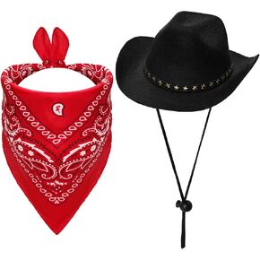Fumwase Pet Cowboy Costume Halloween Costumes for Dogs Cat Cowboy Hats with Bandana Scarf Costume Accessories Dog Cat (Black hat + Red, Large)