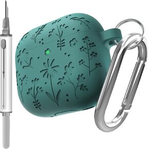 DamonLight Flora Engraved Case for AirPods 4 Cover Shock-Proof Protective Silicone Case with Keychain for Apple Airpods 4th Generation 2024 Released (Forest Green)