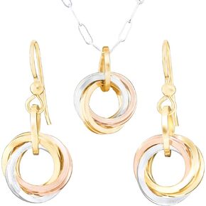 Everyday Tricolor Love Knot Jewelry Gift Set Idea for Women with 925 Sterling Silver and 14K Yellow and Rose Gold-Filled Dangle Earrings and 18 Inch Pendant Necklace with Paper Clip Chain
