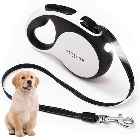 【LED Light Ver.】 PETTENA One-Touch Retractable Dog Leash for Small/Medium/Large Dog up to 66lbs, 16FT Puppy Leash, Heavy Duty Dog Leash with Anti-Chew Cable 360° Tangle-Free in Saudi Arabia