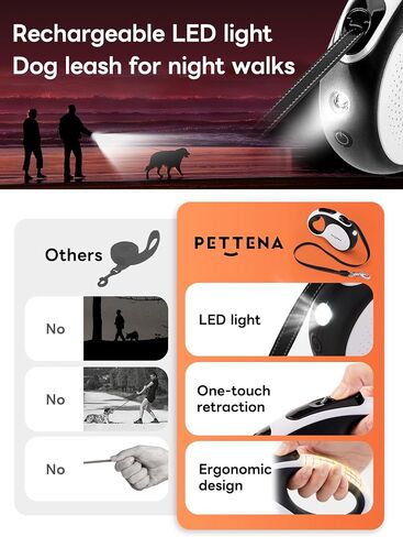 【LED Light Ver.】 PETTENA One-Touch Retractable Dog Leash for Small/Medium/Large Dog up to 66lbs, 16FT Puppy Leash, Heavy Duty Dog Leash with Anti-Chew Cable 360° Tangle-Free in Saudi Arabia