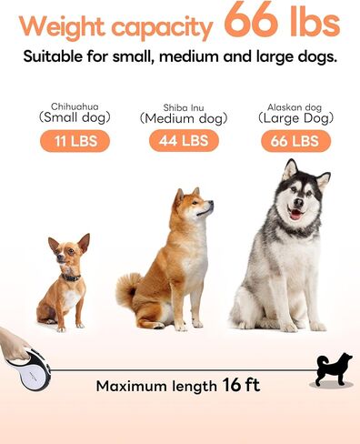【LED Light Ver.】 PETTENA One-Touch Retractable Dog Leash for Small/Medium/Large Dog up to 66lbs, 16FT Puppy Leash, Heavy Duty Dog Leash with Anti-Chew Cable 360° Tangle-Free in Saudi Arabia