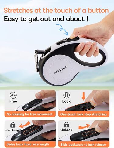 【LED Light Ver.】 PETTENA One-Touch Retractable Dog Leash for Small/Medium/Large Dog up to 66lbs, 16FT Puppy Leash, Heavy Duty Dog Leash with Anti-Chew Cable 360° Tangle-Free in Saudi Arabia