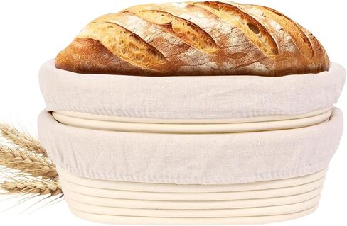 Banneton Bread Prep Basket- 2 Pcs 10 inch Oval Leavened Bread Proofing Basket Prep Bowl, Handmade Rattan Basket with Liner, Suitable for Home Artisan Sourdough Bread Baking Kit in Kuwait