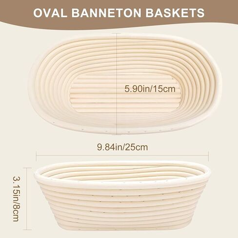 Banneton Bread Prep Basket- 2 Pcs 10 inch Oval Leavened Bread Proofing Basket Prep Bowl, Handmade Rattan Basket with Liner, Suitable for Home Artisan Sourdough Bread Baking Kit in Kuwait