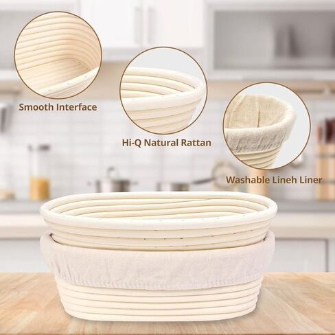 Banneton Bread Prep Basket- 2 Pcs 10 inch Oval Leavened Bread Proofing Basket Prep Bowl, Handmade Rattan Basket with Liner, Suitable for Home Artisan Sourdough Bread Baking Kit in Kuwait