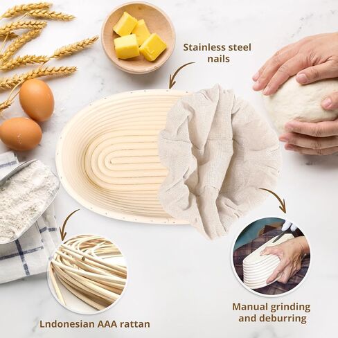 Banneton Bread Prep Basket- 2 Pcs 10 inch Oval Leavened Bread Proofing Basket Prep Bowl, Handmade Rattan Basket with Liner, Suitable for Home Artisan Sourdough Bread Baking Kit in Kuwait