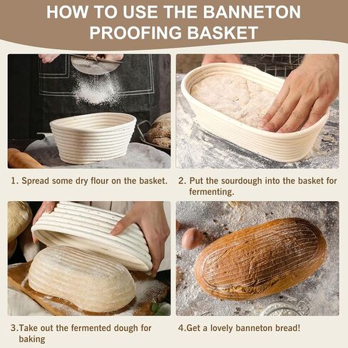 Banneton Bread Prep Basket- 2 Pcs 10 inch Oval Leavened Bread Proofing Basket Prep Bowl, Handmade Rattan Basket with Liner, Suitable for Home Artisan Sourdough Bread Baking Kit in Kuwait