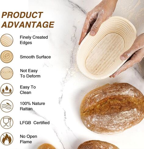 Banneton Bread Prep Basket- 2 Pcs 10 inch Oval Leavened Bread Proofing Basket Prep Bowl, Handmade Rattan Basket with Liner, Suitable for Home Artisan Sourdough Bread Baking Kit in Kuwait