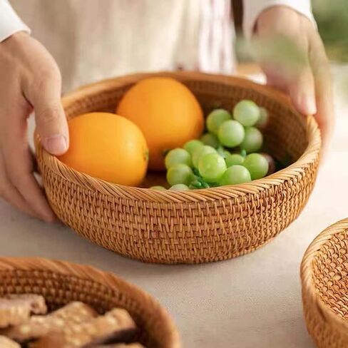 سلة خبز الروطان المستديرة - سلة خبز فواكه الخوص الطبيعية، أوعية سلة فواكه مستديرة منسوجة، سلة خبز الروطان مصنوعة يدويًا للتقديم، سلال تقديم تخزين منسوجة يدويًا، بني عسلي 10.2 بوصة in Saudi Arabia
