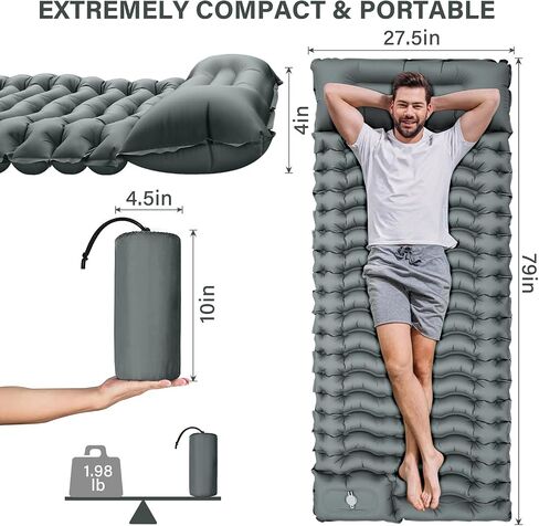 Camping Sleeping Pad, Ultralight Camping Pad with Pillow, Built-in Foot Pump, Inflatable Sleeping Pad, Compact Size for Camping, Backpacking, Hiking and Traveling - Gray in Saudi Arabia