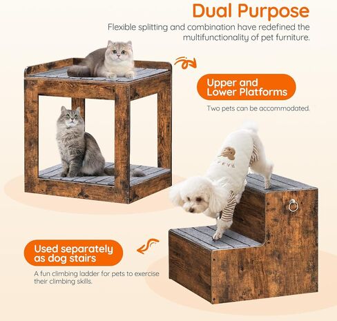 HOOBRO Pet Window Perch with Stairs, Large Pet Bunk Bed for Cats and Dogs, Pet Seat Platform with Storage, Pet Bed Couch for Bedside, Indoor Home, Rustic Brown and Gray FG48PT03 in Saudi Arabia