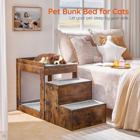 HOOBRO Pet Window Perch with Stairs, Large Pet Bunk Bed for Cats and Dogs, Pet Seat Platform with Storage, Pet Bed Couch for Bedside, Indoor Home, Rustic Brown and Gray FG48PT03 in Saudi Arabia
