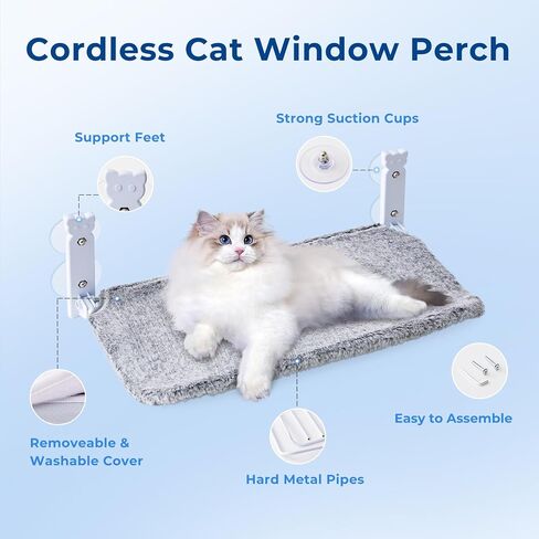 Cat Window Perch for Cats Inside, Foldable Cat Window Hammock for Large Cats Indoor, Cordless Cat Window Bed Seat with 4 Suction Cups, Sturdy Metal Frame, Soft Reversible Cover, Large, Grey in Saudi Arabia