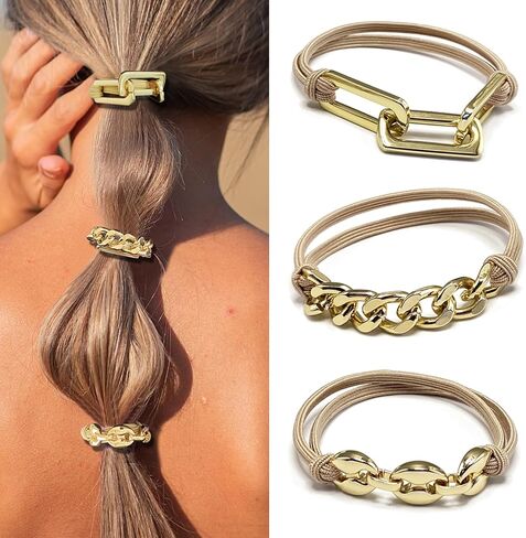 Bracelet Hair Ties for women - Ponytail Holders - Cute Hair Accessories with Gold Jewelry - Handmade Soft Elastic No Damage Scrunchies - Khaki in Saudi Arabia