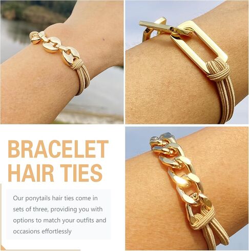 Bracelet Hair Ties for women - Ponytail Holders - Cute Hair Accessories with Gold Jewelry - Handmade Soft Elastic No Damage Scrunchies - Khaki in Saudi Arabia