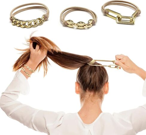 Bracelet Hair Ties for women - Ponytail Holders - Cute Hair Accessories with Gold Jewelry - Handmade Soft Elastic No Damage Scrunchies - Khaki in Saudi Arabia