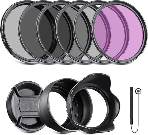 NEEWER 58mm Professional Lens Filter Kit: UV CPL FLD, ND2 ND4 ND8, Lens Hood, Lens Cap, Neutral Density Filter and Accessory Kit Compatible with Canon Nikon Sony Panasonic DSLR Cameras with 58mm Lens in Kuwait