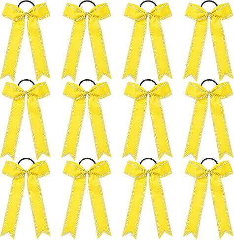 DEEKA Long Tail Rhinestones Cheer Bows 12 PCS Collegiate Style Cheer Bows Full Rhinestone Skinny Cheer Bow Ponytail Holder Handmade Bows for Girls Teens Cheerleader Sports (Yellow) in Saudi Arabia