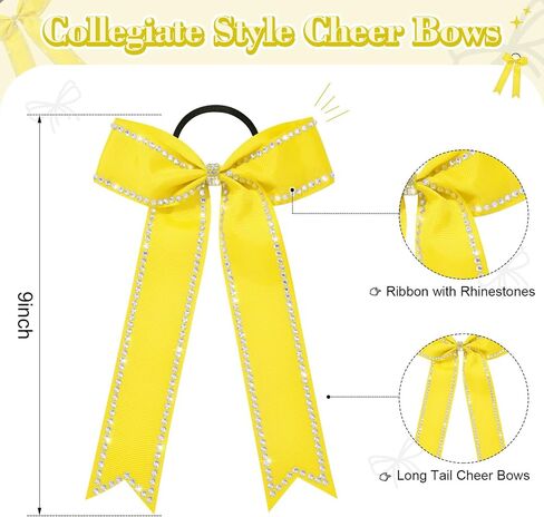 DEEKA Long Tail Rhinestones Cheer Bows 12 PCS Collegiate Style Cheer Bows Full Rhinestone Skinny Cheer Bow Ponytail Holder Handmade Bows for Girls Teens Cheerleader Sports (Yellow) in Saudi Arabia