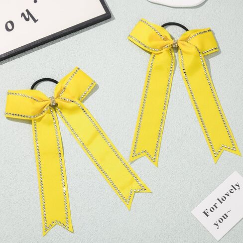 DEEKA Long Tail Rhinestones Cheer Bows 12 PCS Collegiate Style Cheer Bows Full Rhinestone Skinny Cheer Bow Ponytail Holder Handmade Bows for Girls Teens Cheerleader Sports (Yellow) in Saudi Arabia