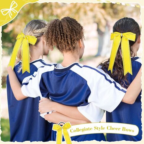 DEEKA Long Tail Rhinestones Cheer Bows 12 PCS Collegiate Style Cheer Bows Full Rhinestone Skinny Cheer Bow Ponytail Holder Handmade Bows for Girls Teens Cheerleader Sports (Yellow) in Saudi Arabia