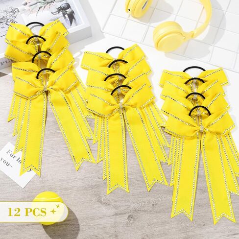 DEEKA Long Tail Rhinestones Cheer Bows 12 PCS Collegiate Style Cheer Bows Full Rhinestone Skinny Cheer Bow Ponytail Holder Handmade Bows for Girls Teens Cheerleader Sports (Yellow) in Saudi Arabia