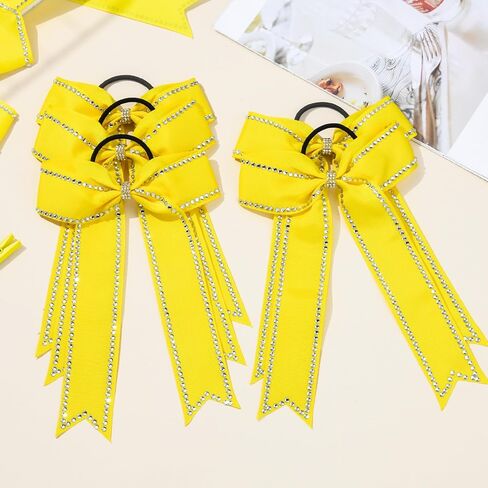 DEEKA Long Tail Rhinestones Cheer Bows 12 PCS Collegiate Style Cheer Bows Full Rhinestone Skinny Cheer Bow Ponytail Holder Handmade Bows for Girls Teens Cheerleader Sports (Yellow) in Saudi Arabia