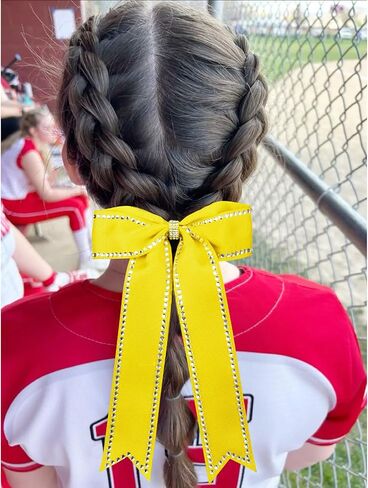 DEEKA Long Tail Rhinestones Cheer Bows 12 PCS Collegiate Style Cheer Bows Full Rhinestone Skinny Cheer Bow Ponytail Holder Handmade Bows for Girls Teens Cheerleader Sports (Yellow) in Saudi Arabia