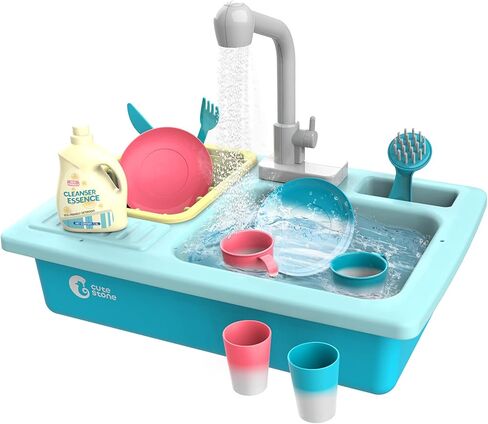 CUTE STONE Pretend Play Kitchen Sink Toys with Play Cooking Stove, Pot and Pan with Spray Realistic Light and Sound, Dish Rack & Play Cutting Food, Utensils Tableware Accessories for Kids Toddlers in Saudi Arabia