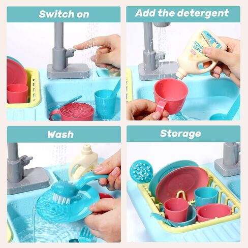 CUTE STONE Pretend Play Kitchen Sink Toys with Play Cooking Stove, Pot and Pan with Spray Realistic Light and Sound, Dish Rack & Play Cutting Food, Utensils Tableware Accessories for Kids Toddlers in Saudi Arabia