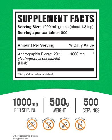 bulksupplements.com مسحوق مستخلص اندروغرافيس (اندروغرافيس بانيكولاتا) - مستخلص عشبة شيريتا الخضراء لصحة المناعة والعين - 1000 مجم لكل حصة (250 غرام - 8.8 اونصة) in Kuwait