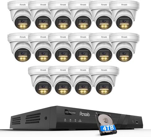 نظام كاميرا أمان 16 قناة 4K PoE، كاميرا قبة IP PoE سلكية 16× 8 ميجابكسل، رؤية ليلية ملونة، اكتشاف المركبات البشرية، وصول عن بعد للصوت في اتجاه واحد، 4K 16CH NVR 4TB HDD، PD93BA1616-8MD in Kuwait