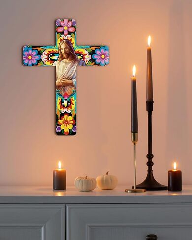 Putuo ديكور الأزهار الصليب جدار ديكور رسمت ديكور خشبي ملهمة الصليب الإسبانية نمط جدار الصليب ديكور الفن المكسيكي جدار ديكور صليب لغرفة المنزل زخرفة الكنيسة in Kuwait