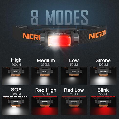 NICRON H15T Headlamp Rechargeable, 500 Lumens LED Headlamp with Red Light, IP67 Waterproof 8 Modes Head Leamps for Camping Running Fishing Adults in Saudi Arabia