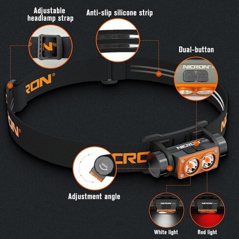 NICRON H15T Headlamp Rechargeable, 500 Lumens LED Headlamp with Red Light, IP67 Waterproof 8 Modes Head Leamps for Camping Running Fishing Adults in Saudi Arabia