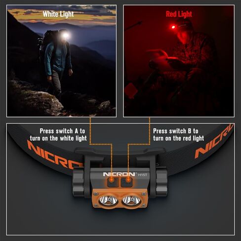 NICRON H15T Headlamp Rechargeable, 500 Lumens LED Headlamp with Red Light, IP67 Waterproof 8 Modes Head Leamps for Camping Running Fishing Adults in Saudi Arabia