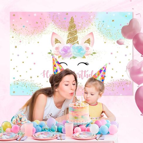Mocsicka Unicorn Backdrop Birthday Decorations for Girls 5x3ft Pastel Rainbow Unicorn Happy Birthday Banner Party Decorations Photo Booth Props in Saudi Arabia