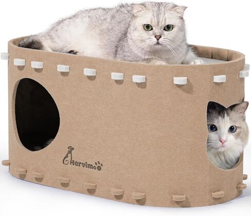 Cat Beds for Indoor Cats, 2 in 1 Large Cat House, Foldable Cat Tunnel Enclosed Bed, Scratch Resistant Cat Bed Cave for Large Cats Up to 25lbs & Multiple Small Cats, Dark Camel in Saudi Arabia