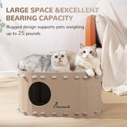 Cat Beds for Indoor Cats, 2 in 1 Large Cat House, Foldable Cat Tunnel Enclosed Bed, Scratch Resistant Cat Bed Cave for Large Cats Up to 25lbs & Multiple Small Cats, Dark Camel in Saudi Arabia