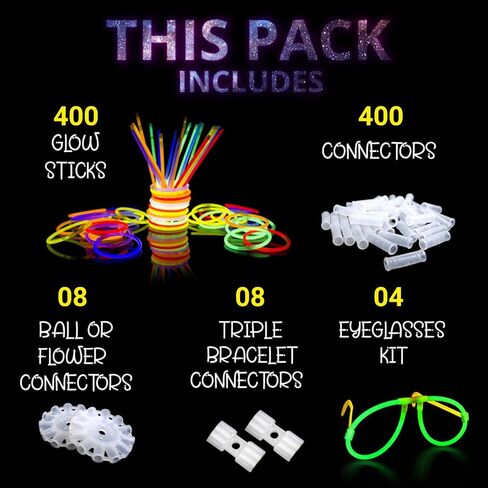 Ammy Glow Glow Sticks (205 Pcs Kit) Bulk Party Pack-100 Pack Glow Sticks with Connectors & Glasses- Party Favors for Kids 8-12- Neon Glow in The Dark Party Supplies for Birthdays & Events in Kuwait